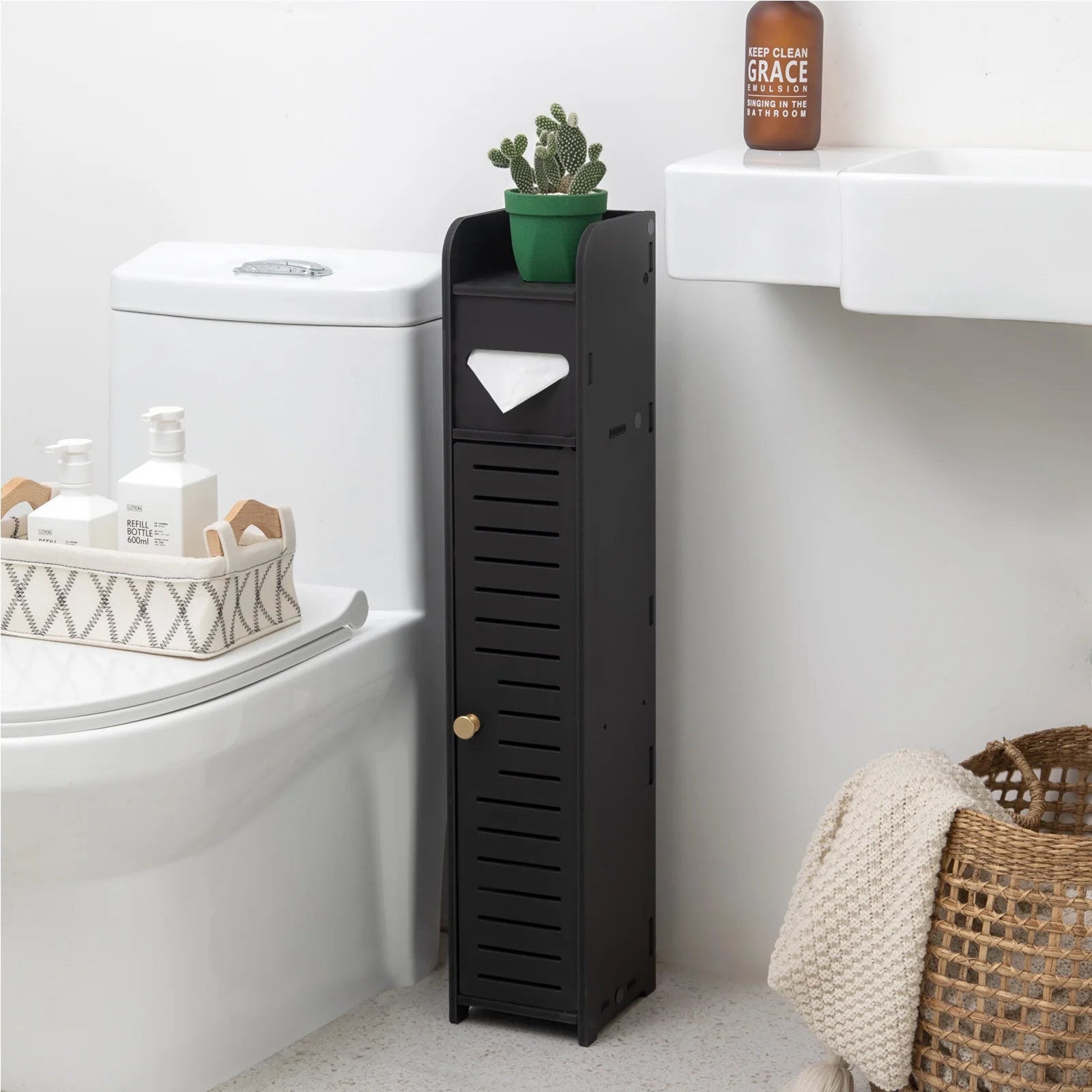 Slim Bathroom Storage Cabinet,Narrow Bathroom Stand,Black