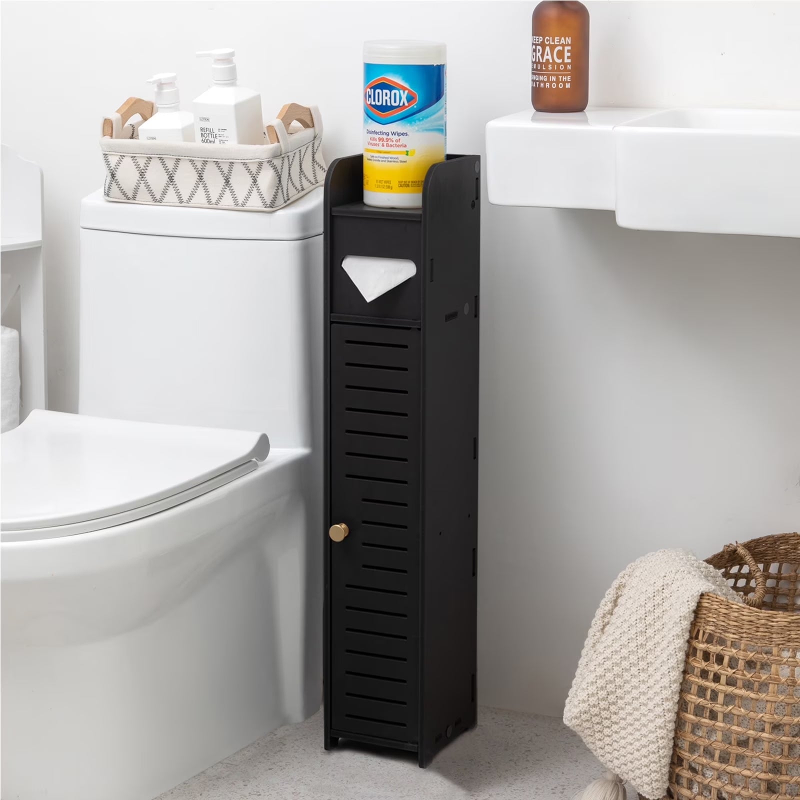 Slim Bathroom Storage Cabinet,Narrow Bathroom Stand,Black