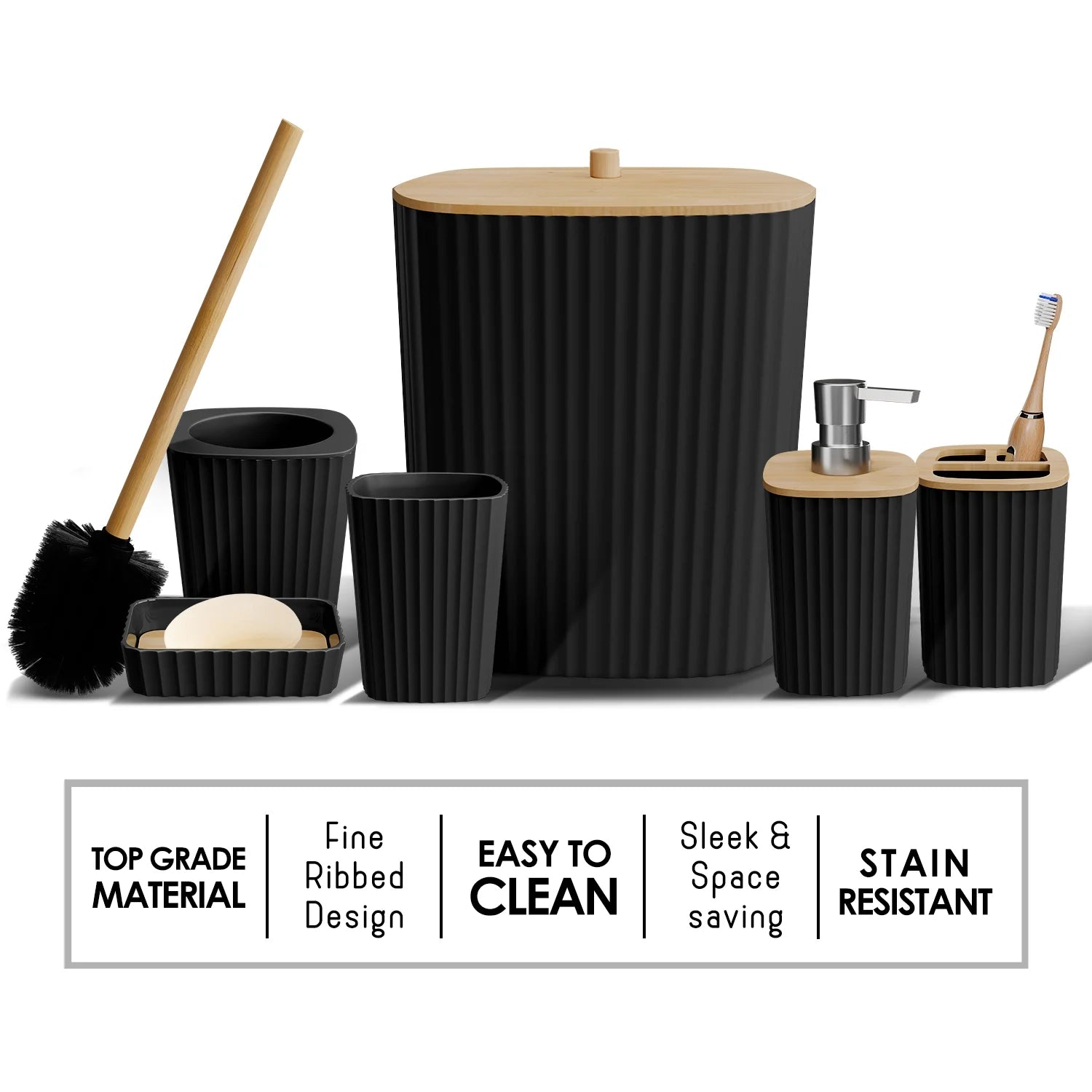 Virtu 6 Piece Bamboo Bathroom Sets, Black Bathroom Accessories Set for Minimalistic Bathroom Décor