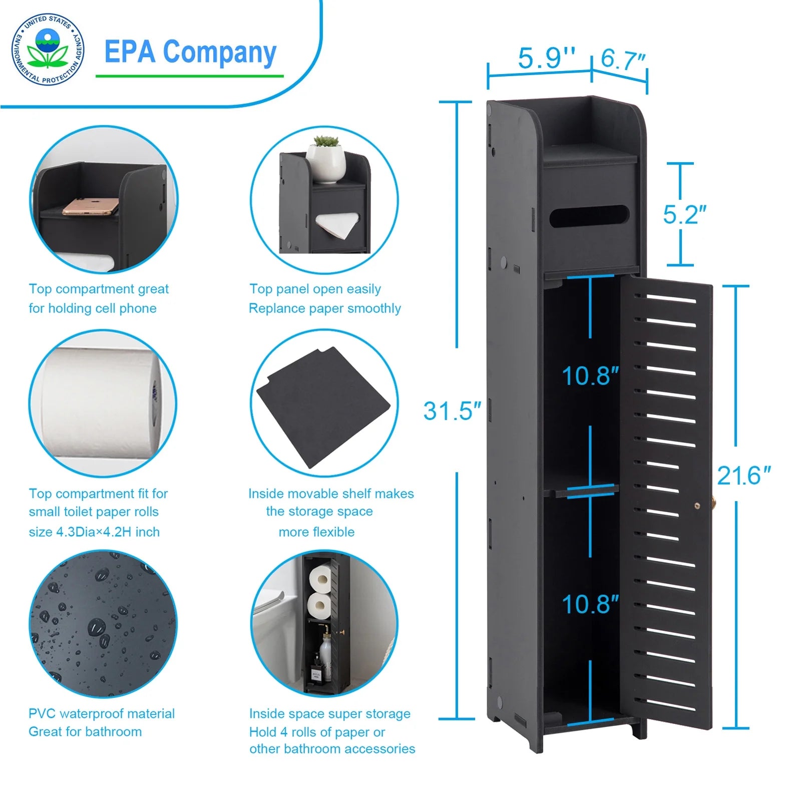 Slim Bathroom Storage Cabinet,Narrow Bathroom Stand,Black