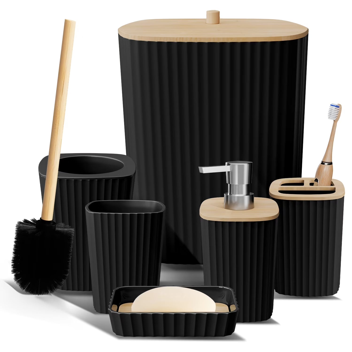 Virtu 6 Piece Bamboo Bathroom Sets, Black Bathroom Accessories Set for Minimalistic Bathroom Décor